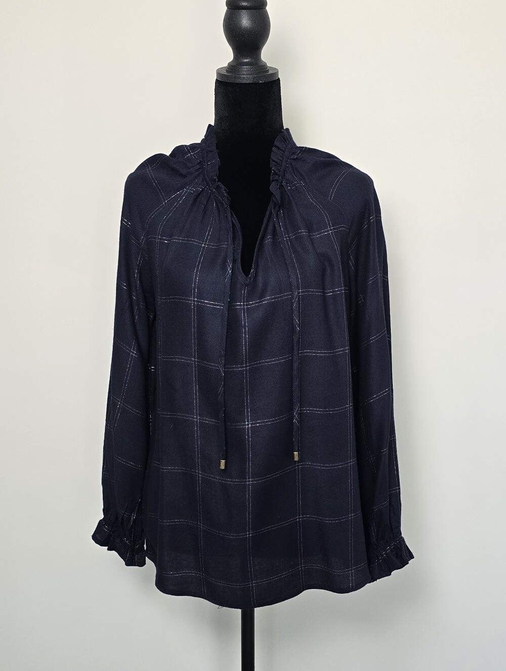 Market & Spruce Navy Windowpane Ruffle-Tie Blouse